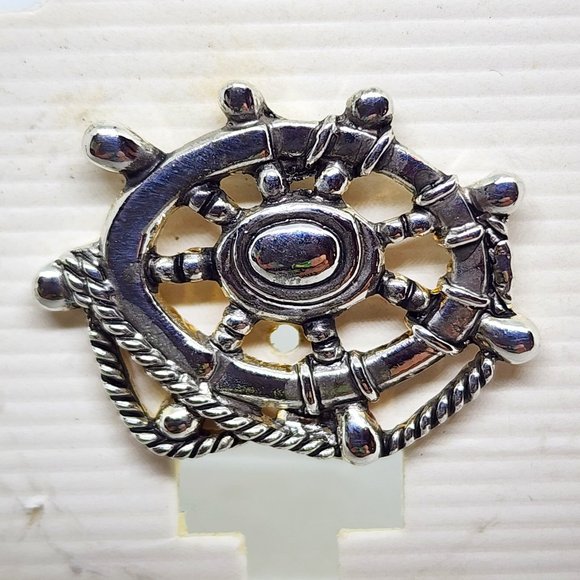 Vintage "MJ" Marie Jennifer Nautical Ship Wheel Rope Silver Pierced Earrings NOS - Picture 3 of 11